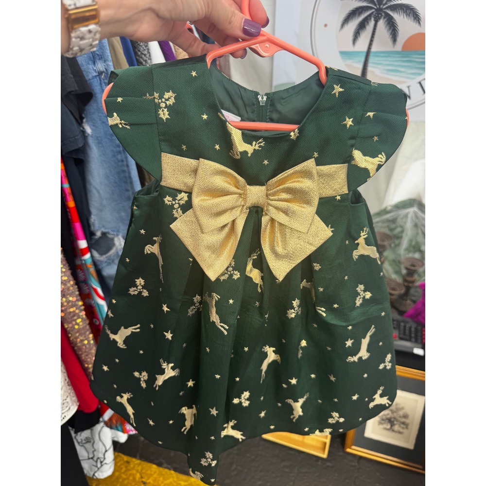 Bonnie Baby Girls 18M Green Gold Reindeer Christmas Holiday Party Dress Bow